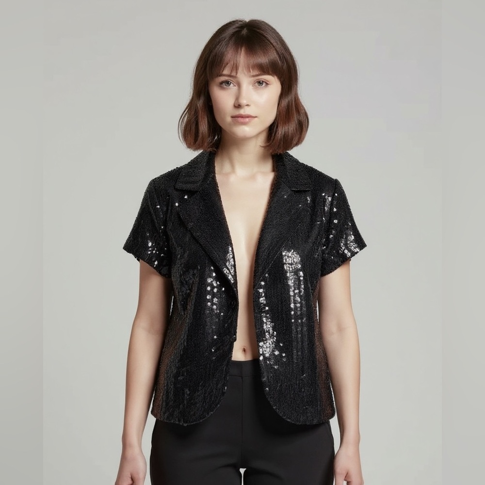 Suzy Shier Black Lined Cropped Open Front Short Sleeve Sequin Jacket Size XL